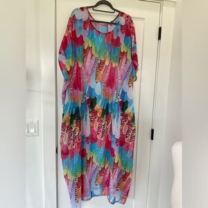 Colorful Feather Print Kaftan or Swimsuit Coverup